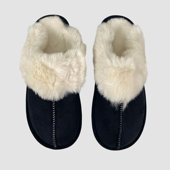 NEW Thick Faux Fur Faux Suede Fuzzy Black White Soft Slipper US 11 - 12 - Picture 1 of 6